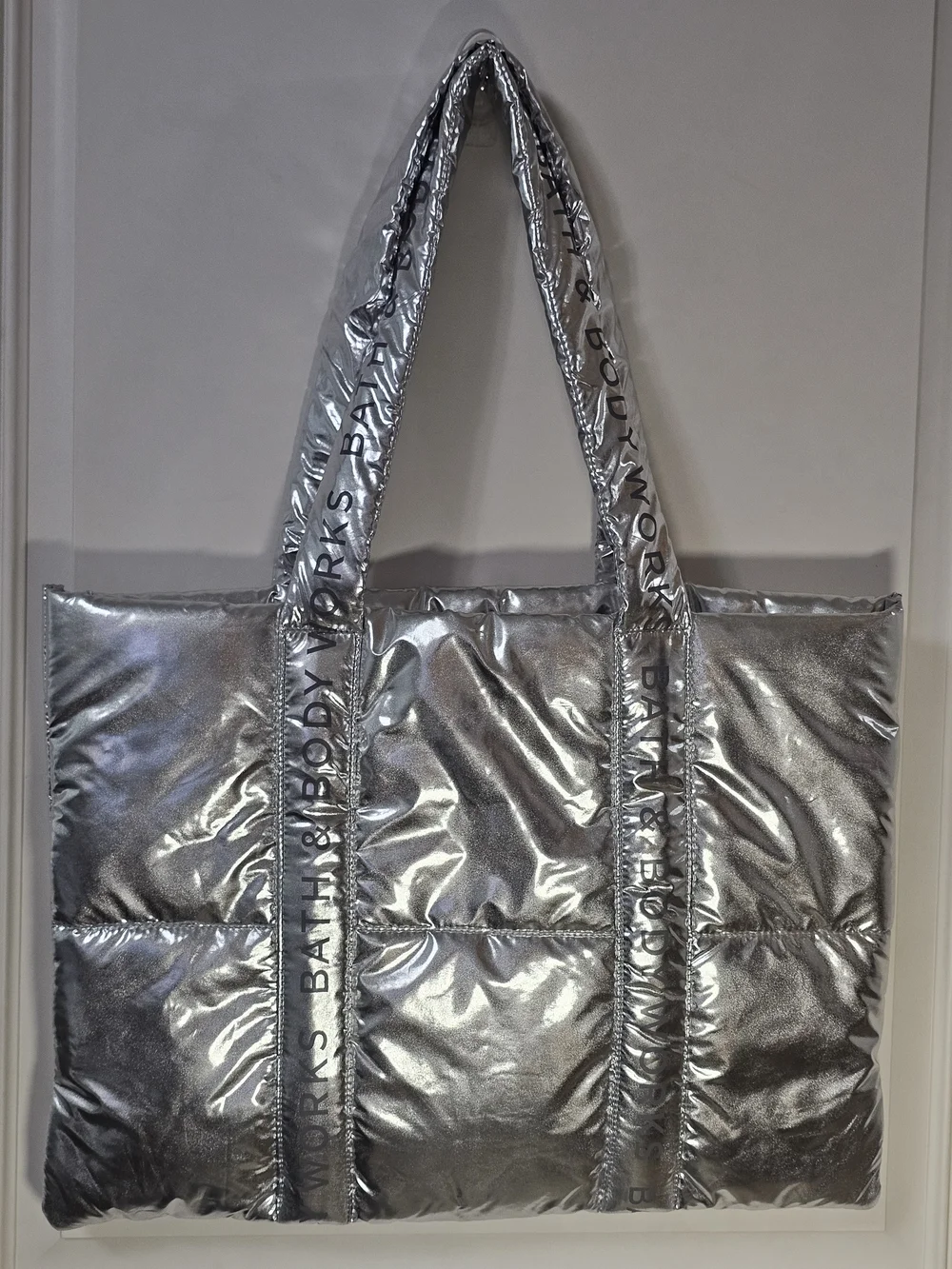 NWT Bath & Body Works Silver Metallic Puffer Tote Travel Gym Bag